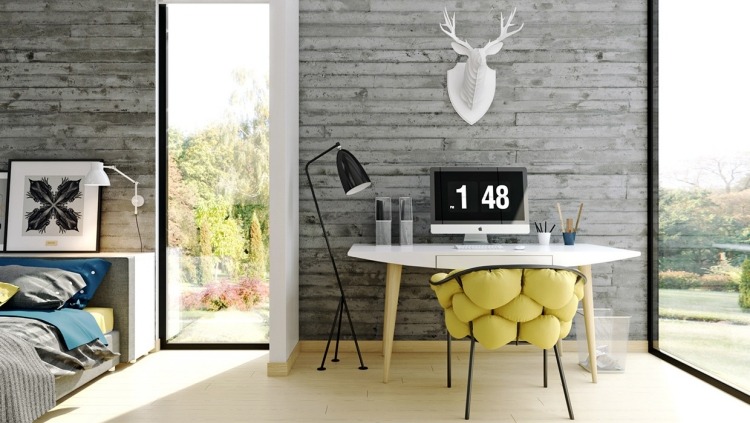 mobilier-industriel-revetement-mural-bois-grisâtre-chaise-métal-coussin-jaune mobilier industriel