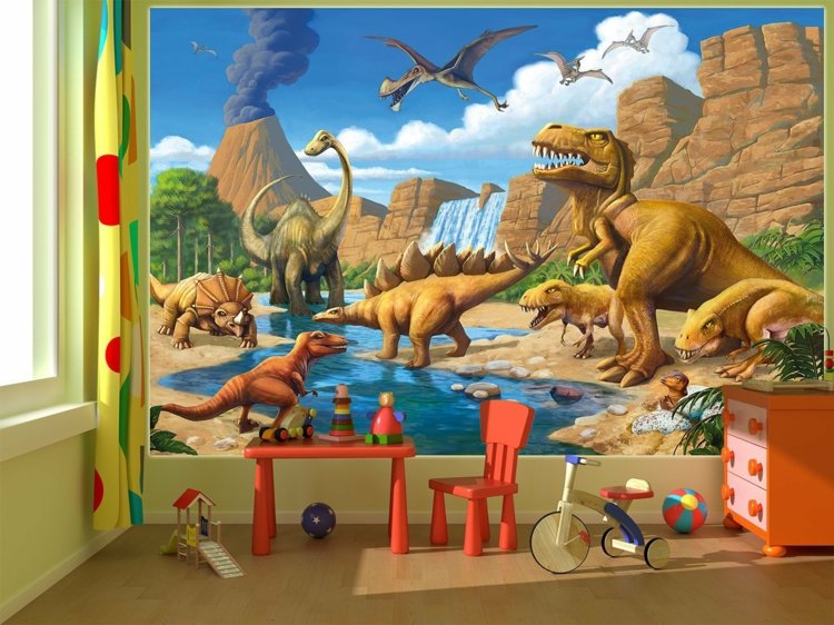 papier-peint-enfant-Jurassic-Park-dinosaures-rivière-montagne-chambre-garçon-file