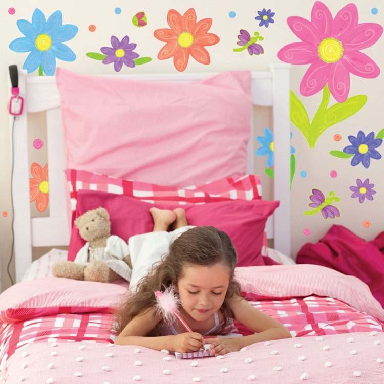 papier-peint-enfant-motifs-floraux-rose-orange-bleu-peinture-murale-rose papier peint enfant