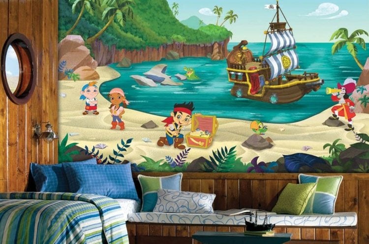 papier-peint-enfant-thème-pirates-bateau-plage-trésor-literie-bleu-vert papier peint enfant
