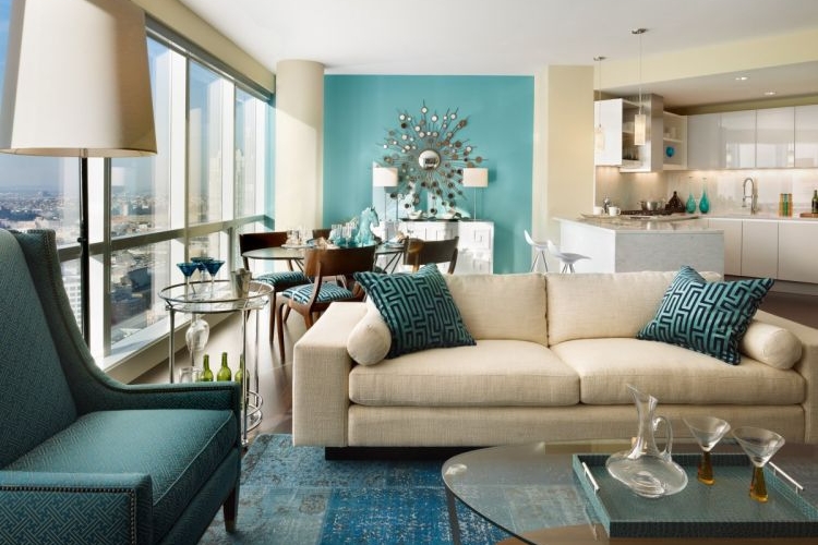 peinture murale turquoise salon décoration esprit vintage