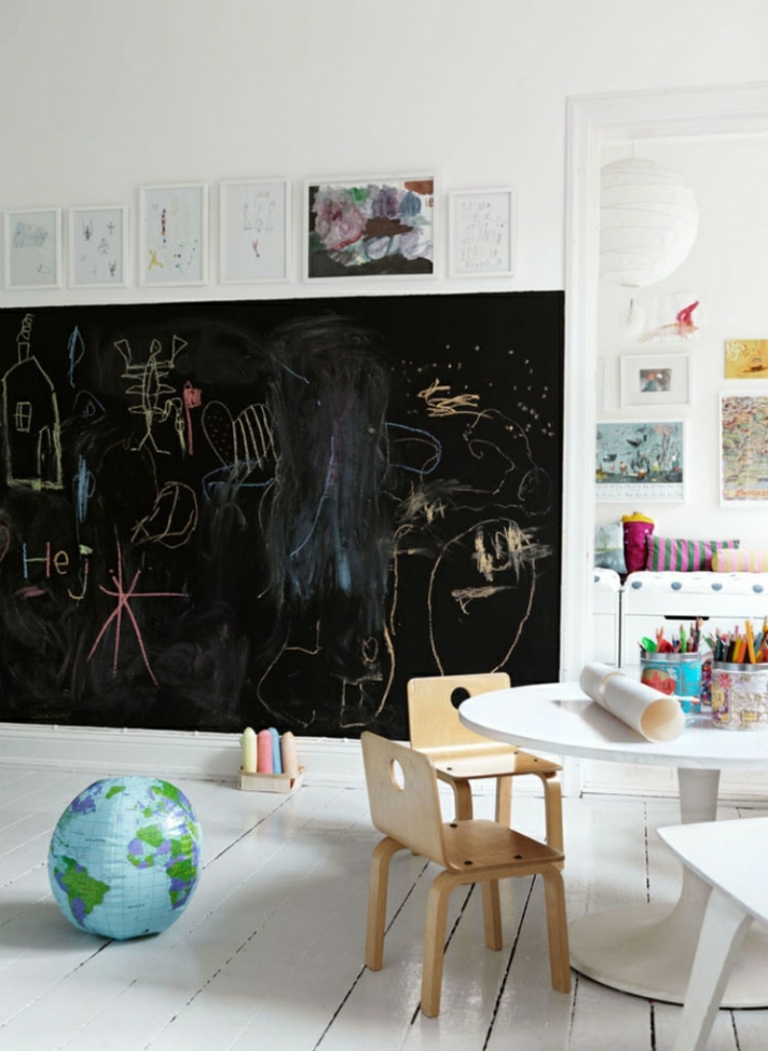 peinture-tableau-noir-chambre-enfant-blanche-table-ronde-chaises-bois-ballon-globe