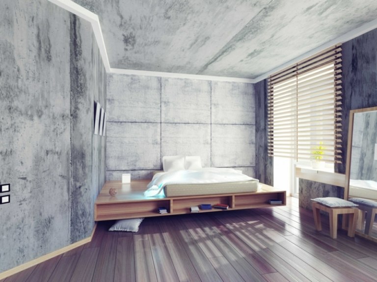 revetement-mural-béton-chambre-coucher-plancher-aspect-bois-lit-plate-forme