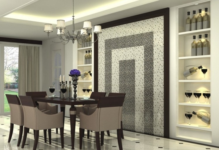 salle-manger-deco-murale-originale-mosaique-noir-blanc-chaises-tapisées-lsutre-niche-lumineuse déco murale originale