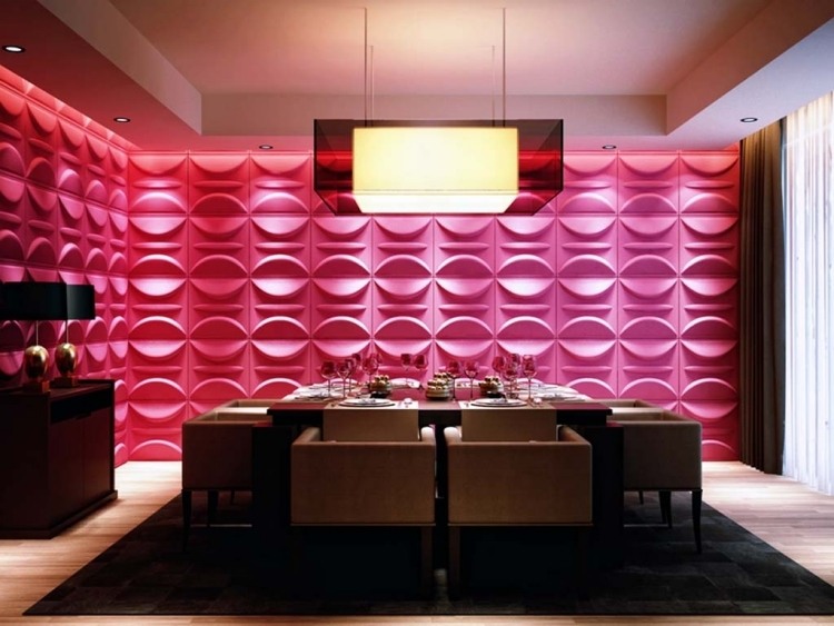 salle-manger-deco-murale-originale-panneaux-muraux-3d-rose-tapis-noir déco murale originale