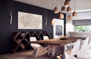 salle-manger-deco-murale-originale-peinture-noir-mar-chaises-blanches-suspensions-bois