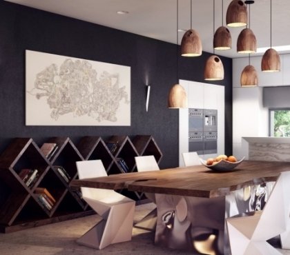 salle-manger-deco-murale-originale-peinture-noir-mar-chaises-blanches-suspensions-bois