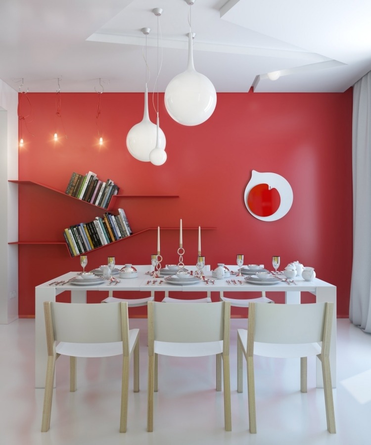 salle-manger-deco-murale-originale-peinture-rose-étagères-suspensions-blanches-chaises-blanches