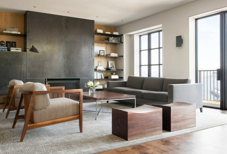salon-gris-meubles-bois-lampadaire-design-noir-Serge-Mouille