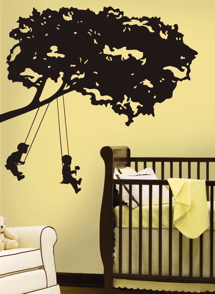 stickers-arbre enfants balançoirs chambre bébé jaune pastel