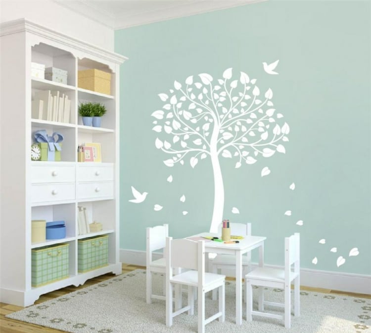 stickers-arbre feuilles coeurs oiseaux-chambre-enfant-blanche