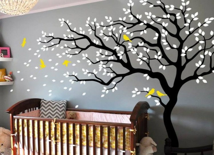 stickers-arbre graphique oiseaux jaunes chambre bébé