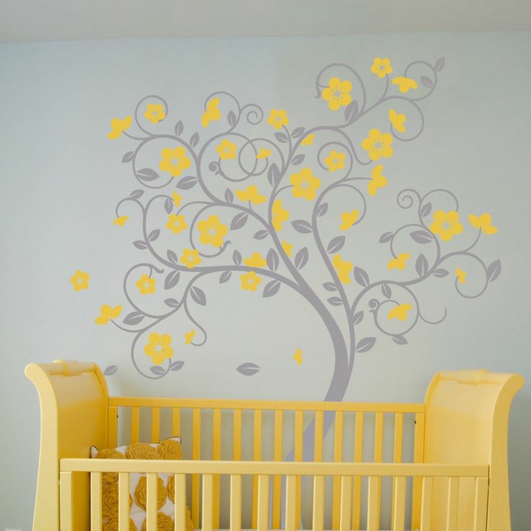stickers-arbre gris jaune branches arabesques chambre bébé