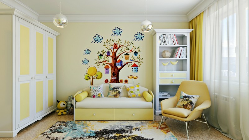 stickers-arbre maisons oiseaux nuages chambre enfant jaune