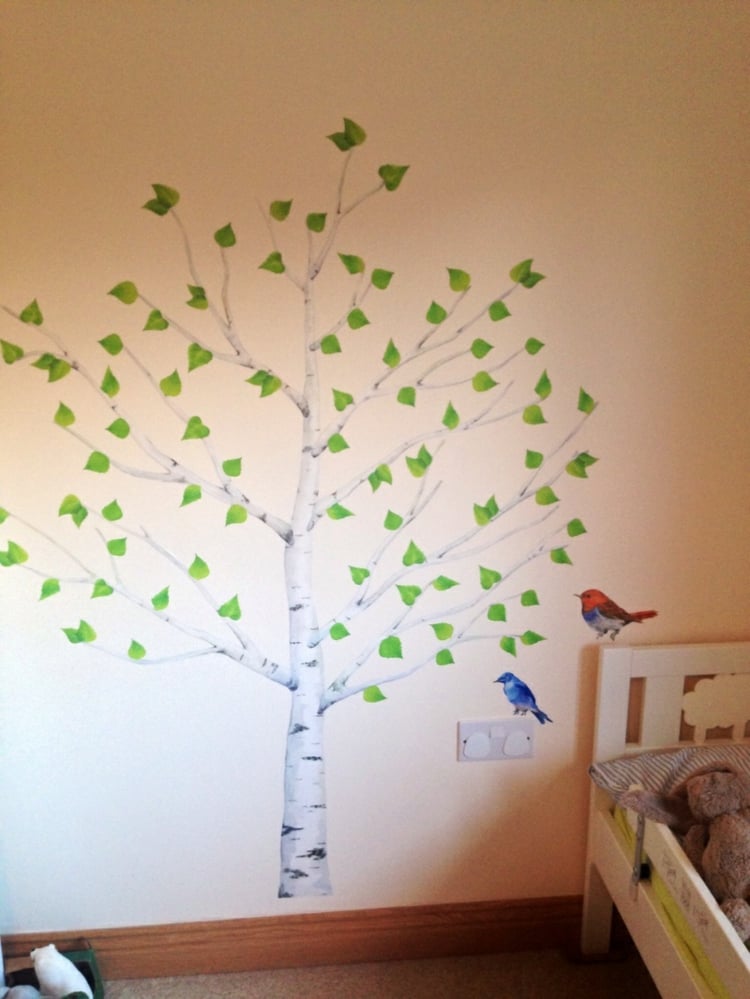 stickers arbre réaliste bouleau feuilles vertes chambre enfant