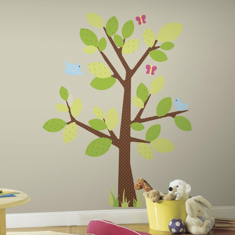 stickers arbre stylisé pois oiseaux paillons chambre enfant