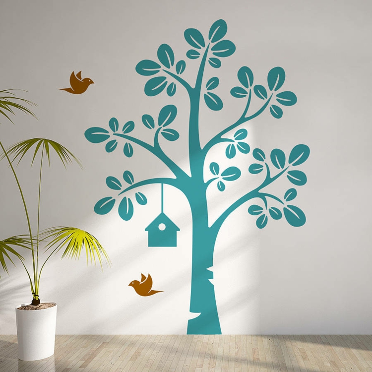 stickers arbre stylisé turquoise oiseaux chambre enfant