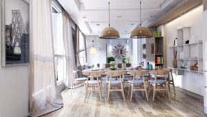 suspension-salle-manger-abat-jours-demi-cercles-table-chaises-bois-clair
