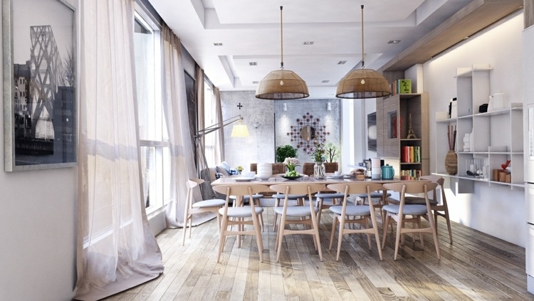 suspension-salle-manger-abat-jours-demi-cercles-table-chaises-bois-clair