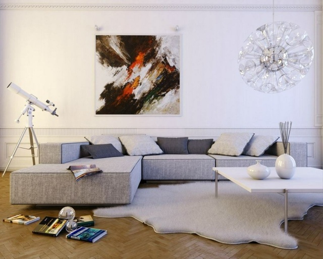 tableau-art-contemporain-abstrait-canapé-gris-clair-tapis-blanc-table-basse-blanche