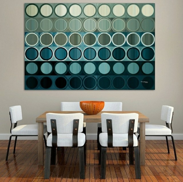 tableau-art-contemporain-motifs-cercles-nuances-vert-bleu-salle-manger