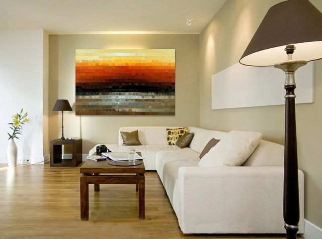 tableau-art-contemporain-style-pixels-coucher-soleil-canapé-blanc-peinture-murale-beige tableau art contemporain