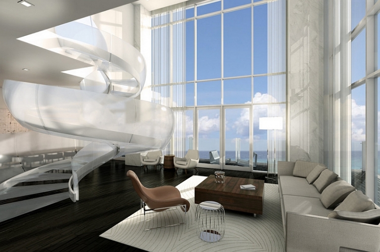 tendances-design-interieur-escalier-colimaçon-blanc-design-futuriste-salon design d’intérieur