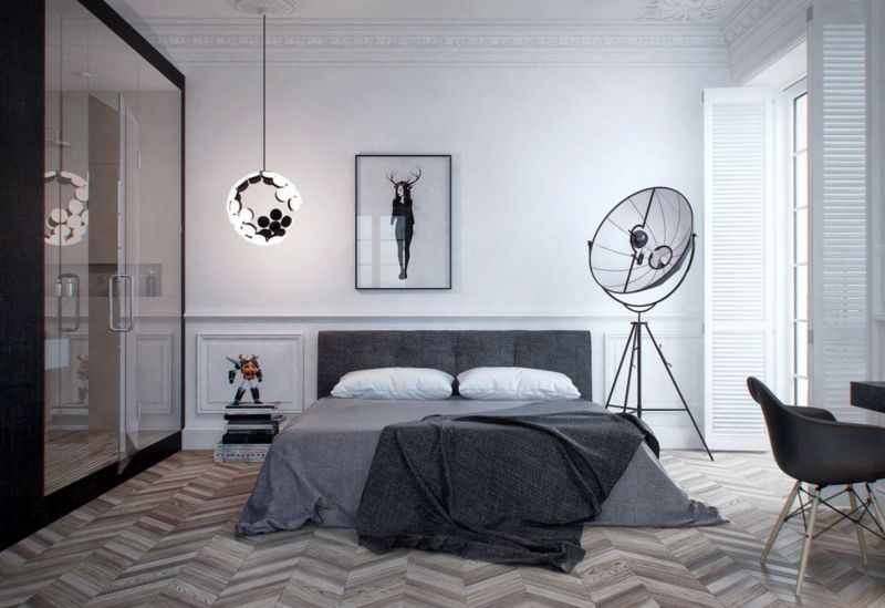 tendances-design-interieur-ornements-plâtre-plafond-suspension-noir-blanc-chambre-coucher