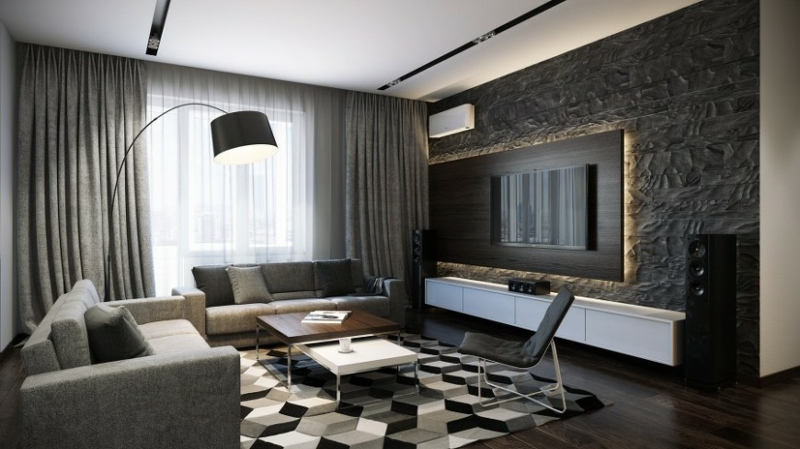 tendances-design-interieur-salon-panneau-mural-3d-gris-rideaux-canapé-tapis-gris design d’intérieur