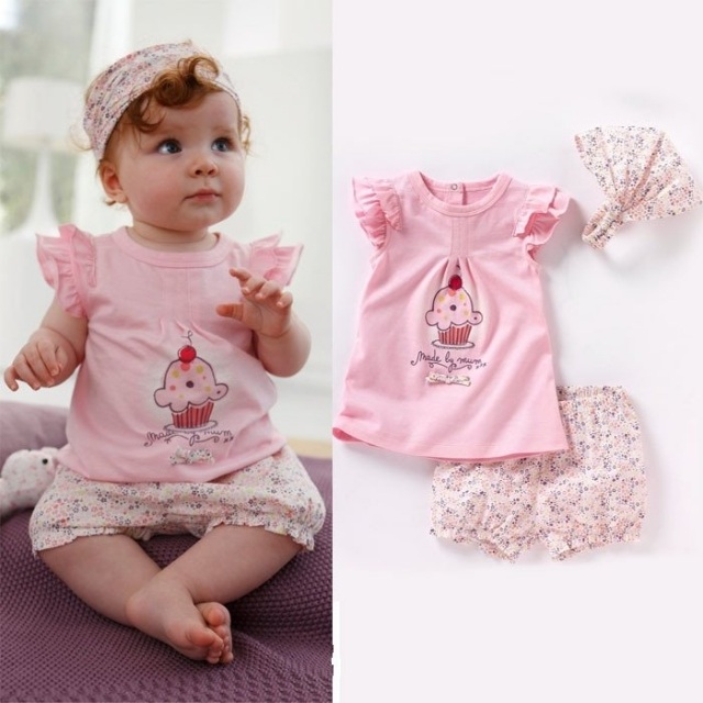 vêtements-bébé-fille-blouse-rose-cupcake-short-bandana-motifs