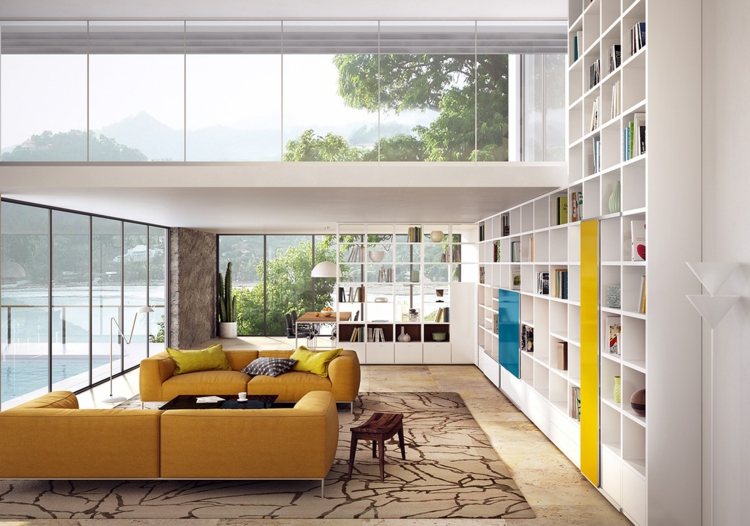 amenagement-salon-moderne-meuble-bibliothèque-blanc-canapés-jaune-moutarde aménagement salon