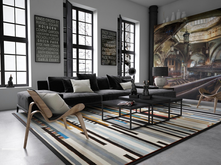amenagement-salon-moderne-tapis-motifs-colorés-canapé-gris-anthracite-déco-loft
