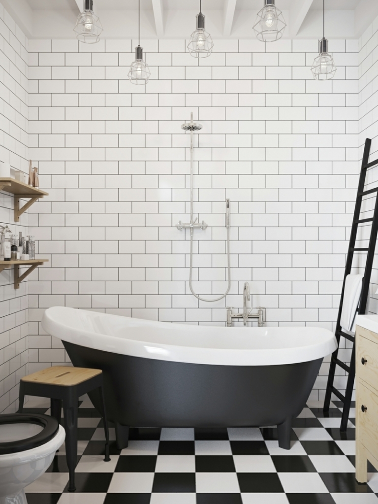 amenagement-studio-style-scandinave-salle-bains-carrelage-métro-blanc-baignoire-noir-blanc