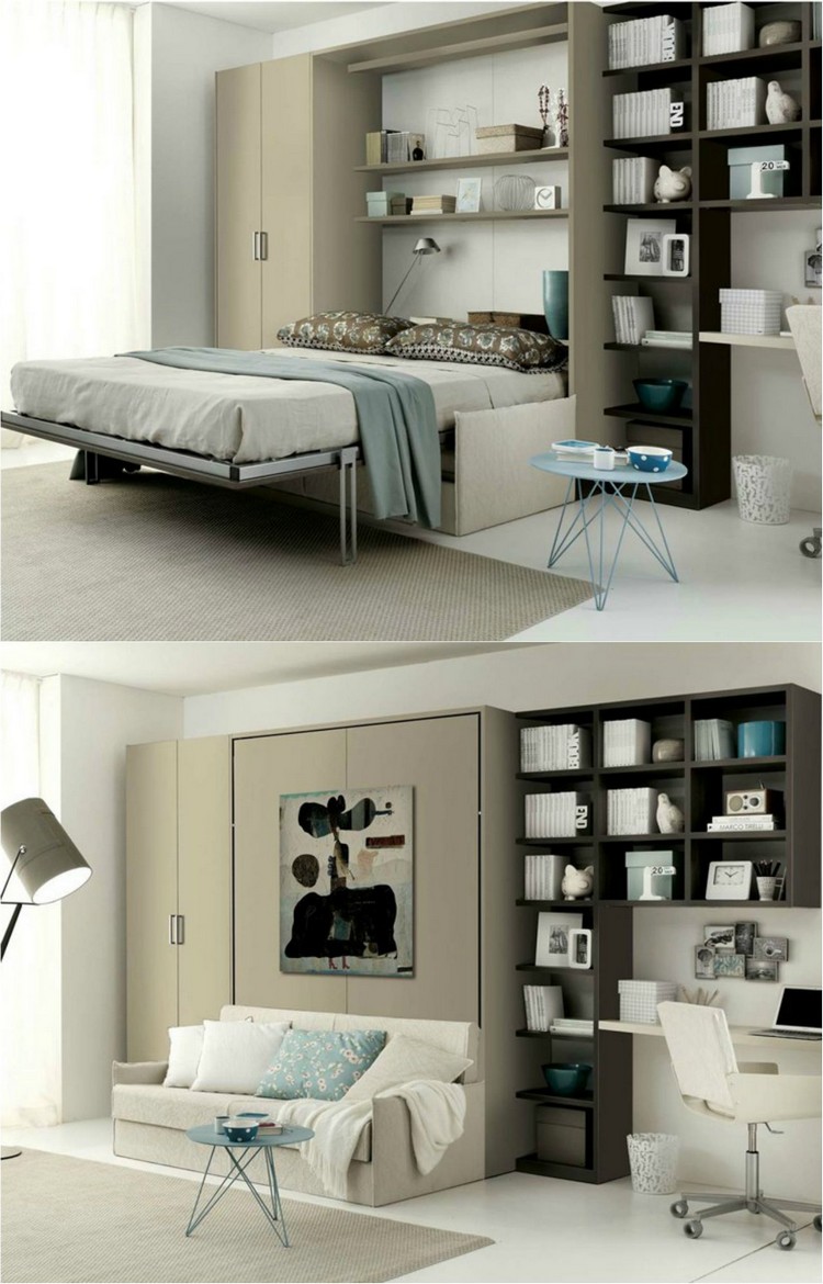 armoire lit escamotable étagères rangement transforme canapé