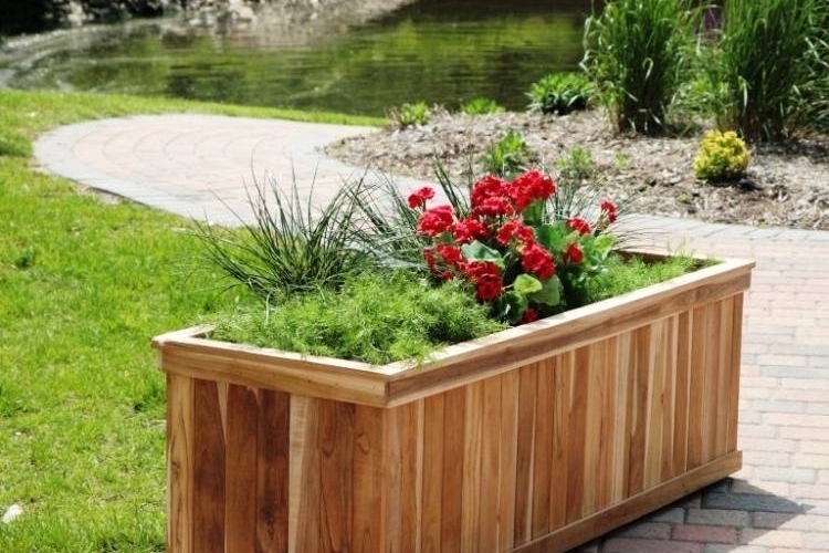 bac-fleurs-bois-DIY-bois-clair-fleurs-rouges-plantes-vertes-jardin-allée-pavés-étang