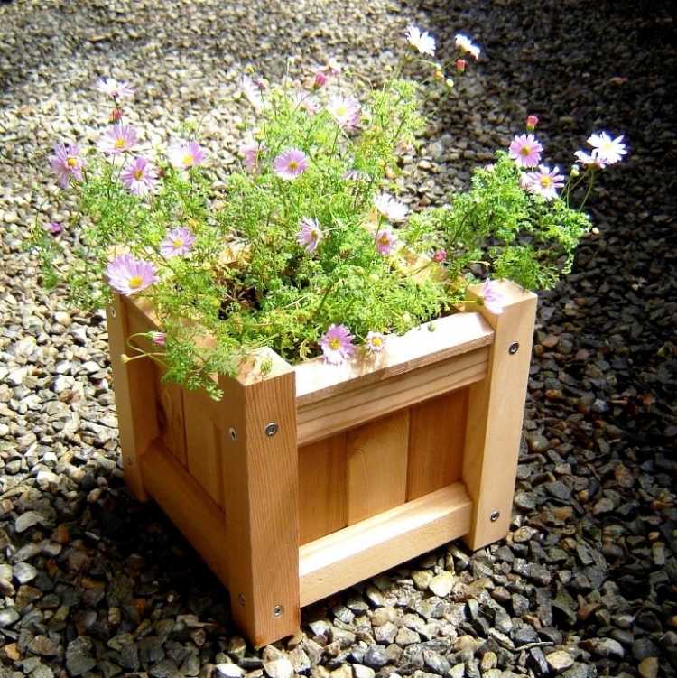 bac-fleurs-bois-DIY-forme-cube-fleurs-rose-pâle-jardin-gravier