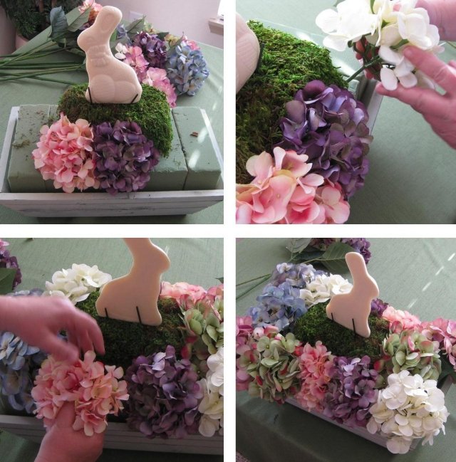 bricolage-paques-arrangement-mousse-hortensias-figurine-lapin-rose