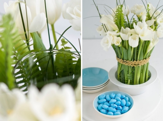bricolage-paques-arrangement-tulipes-blanches-fougère-galets-bleus