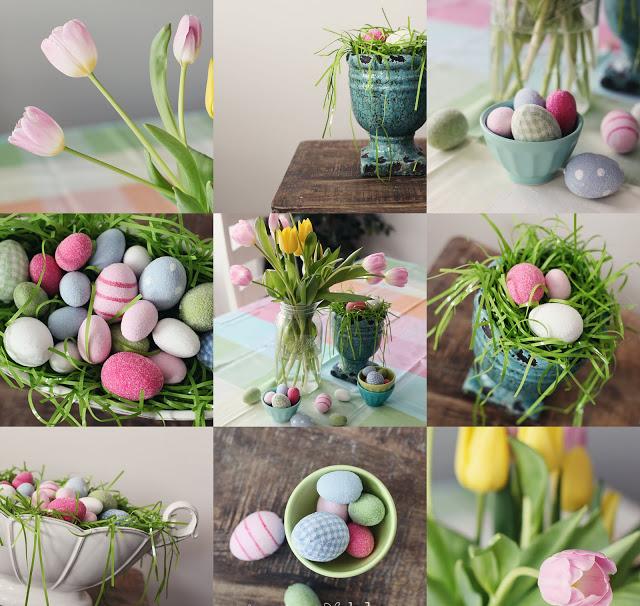 bricolage-paques-arrangements-oeufs-multicolores-tulipes-nappe-carreaux
