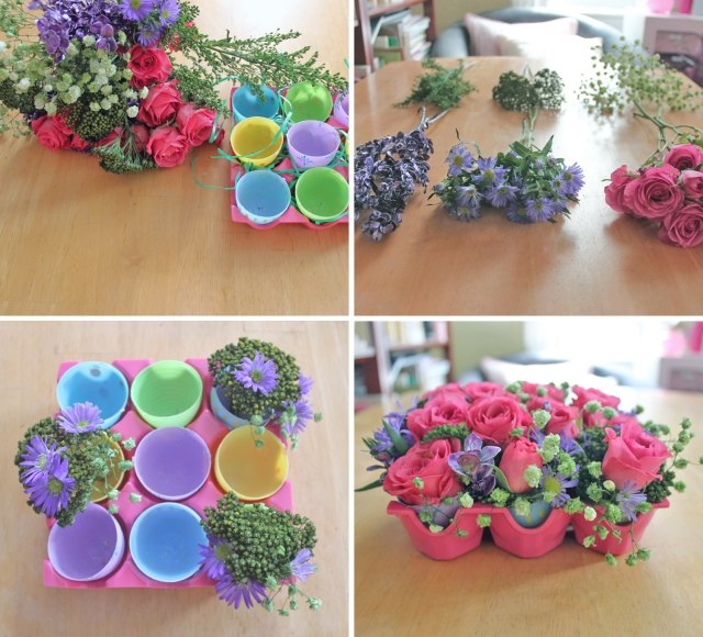 bricolage-paques-centre-table-floral-boîte-oeufs-fleurs-rose-lilas