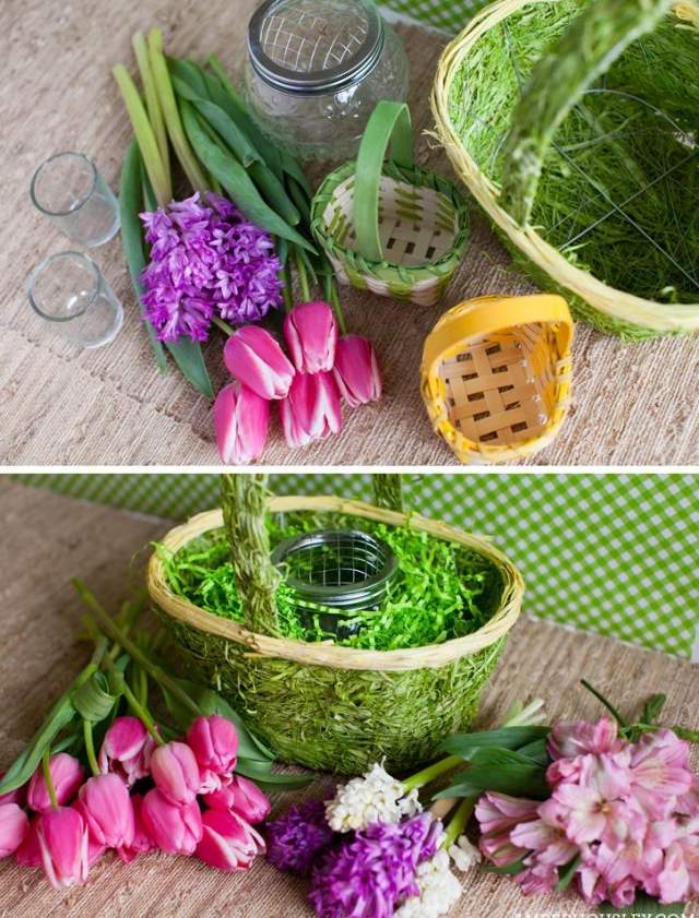 bricolage-paques-corbeille-oeufs-bandes-papier-vert-tulipes-jacinthes