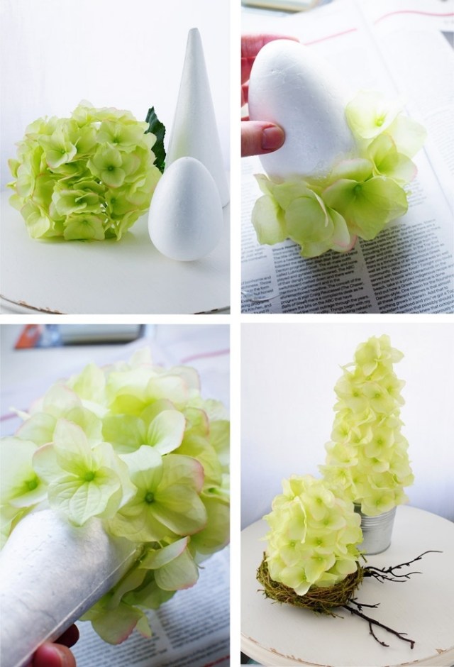 bricolage-paques-cône-polystyrène-fleurs-hortensia bricolage pour Pâques