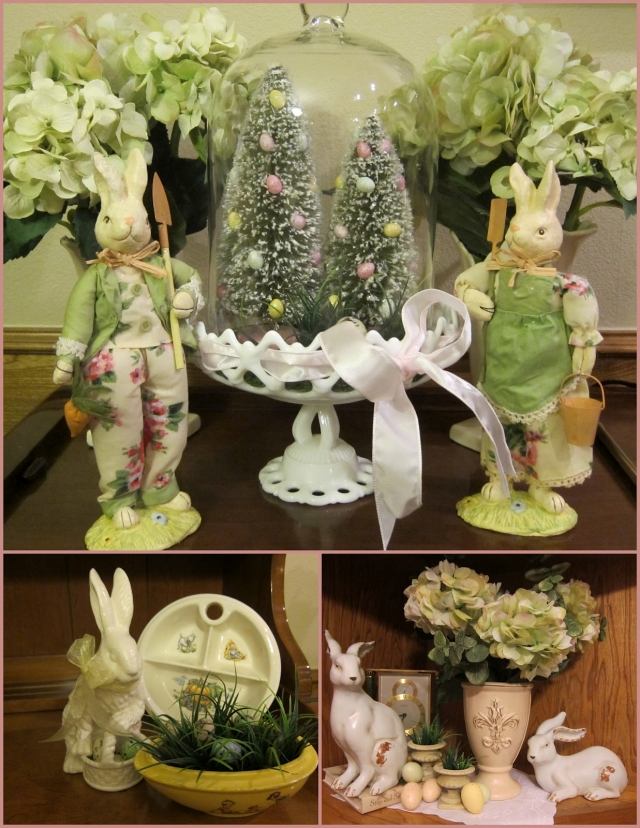 bricolage-paques-figurines-lapins-présentoir-blanc-hortensias-arrangements-oeufs