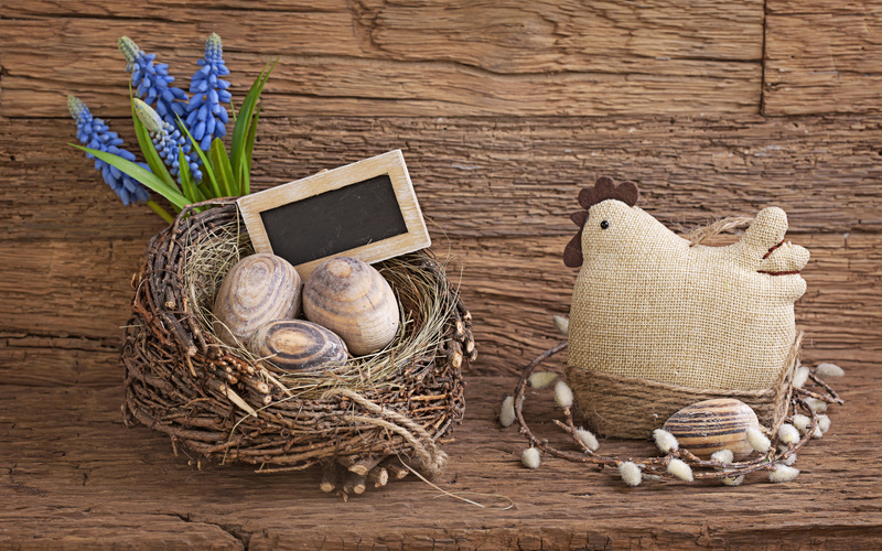 bricolage-paques-poule-tissu-branhettes-saule-nid-brindilles-fleurs-bleues bricolage pour Pâques