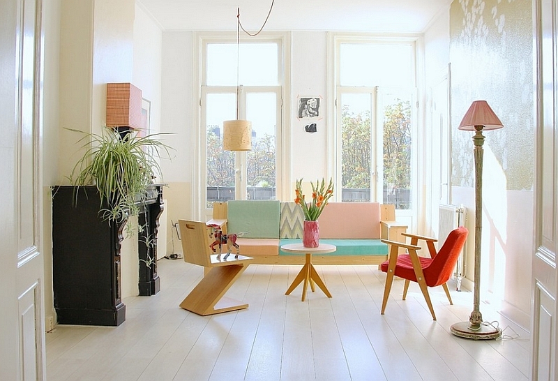 canapé salon couleur pastel fauteuil orange bois clair