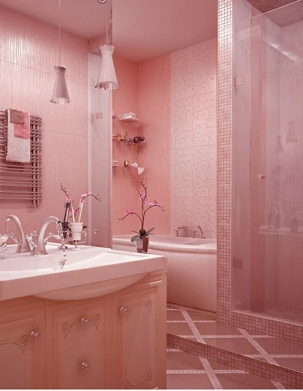carrelage mosaique rose meuble salle de bain assorti