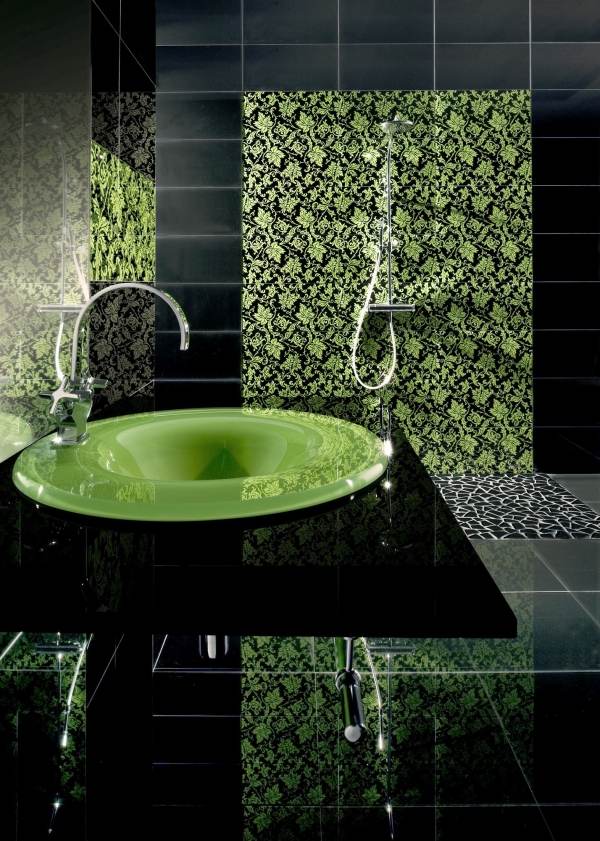 carrelage-moderne-noir-motifs-feuilles-vert-néon carrelage moderne