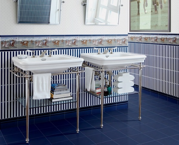 carrelage-moderne-rayé-bleu-blanc-frise-décorative-salle-bains-rétro carrelage moderne