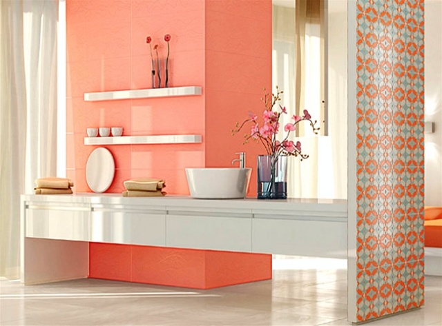 carrelage-salle-bains-couleur-corail-douc-motifs carrelage pour salle de bains