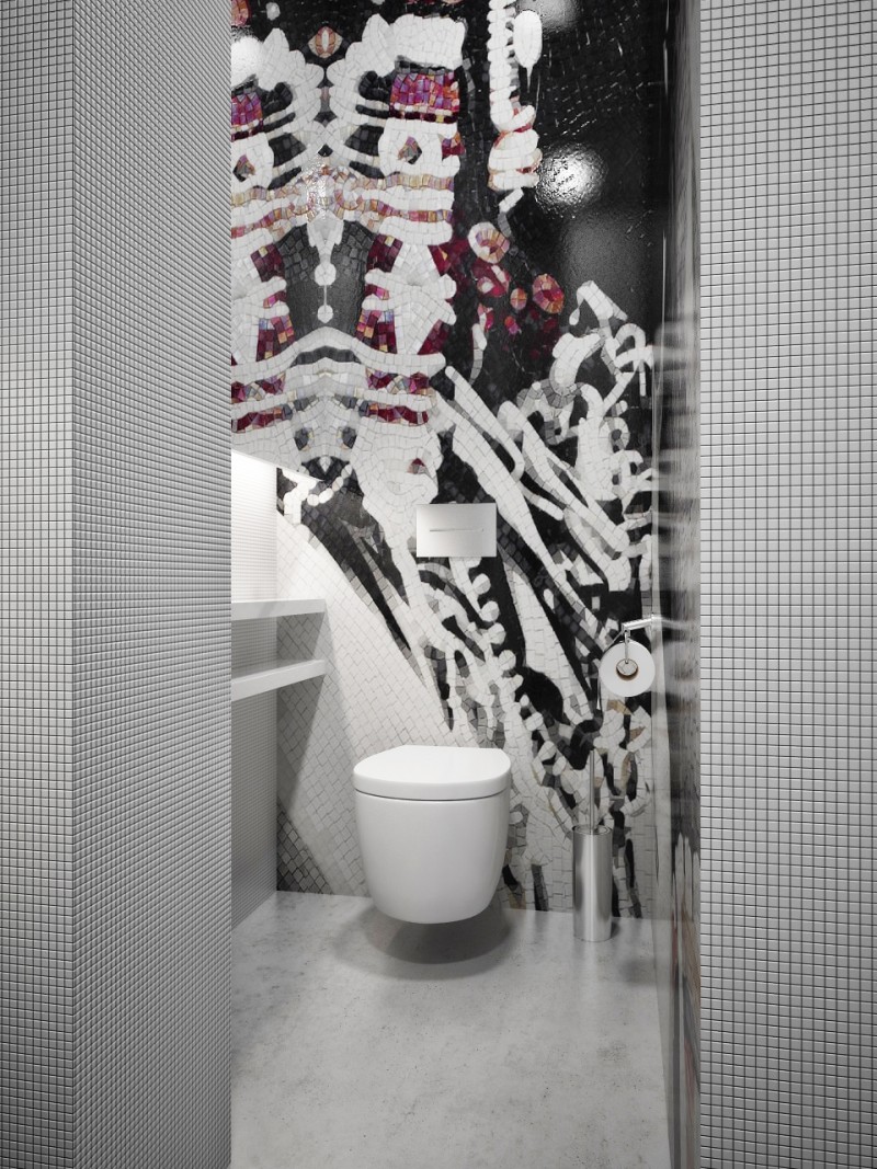 carrelage-salle-bains-mosaique-noir-blanc-motifs-rouges carrelage pour salle de bains